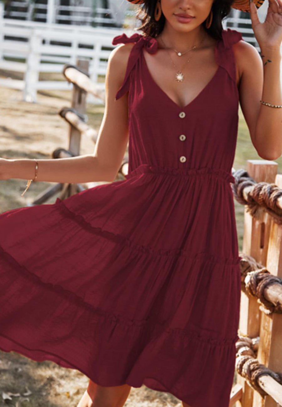 V Neck Tie Shoulder Tiered Dress