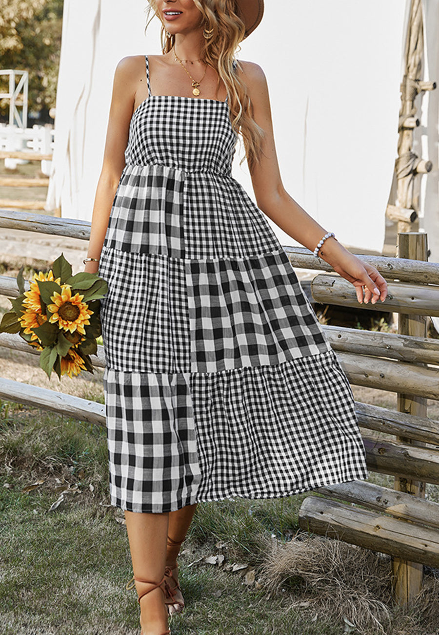 Straight Neck Mixed Gingham Dress