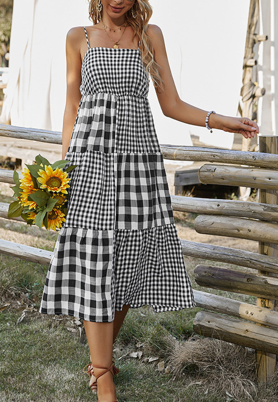 Straight Neck Mixed Gingham Dress