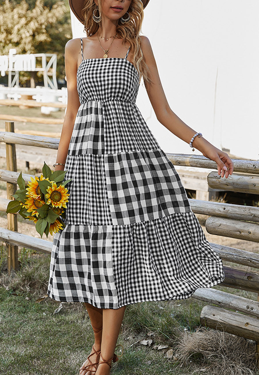 Straight Neck Mixed Gingham Dress