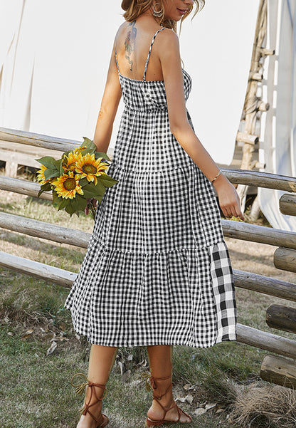 Straight Neck Mixed Gingham Dress