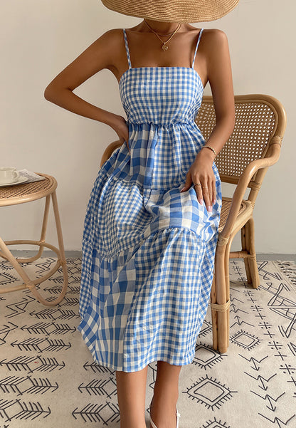 Straight Neck Mixed Gingham Dress