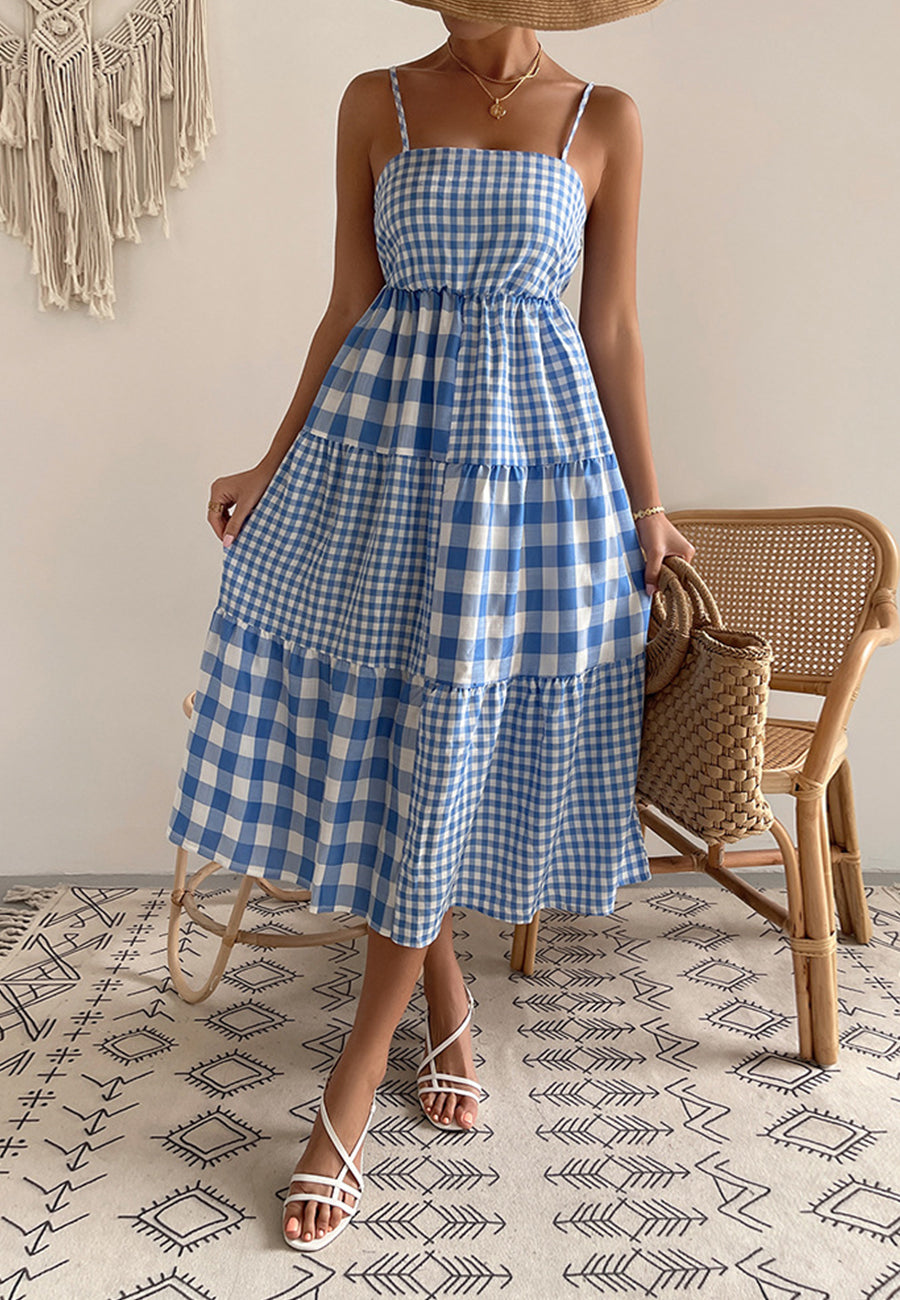 Straight Neck Mixed Gingham Dress