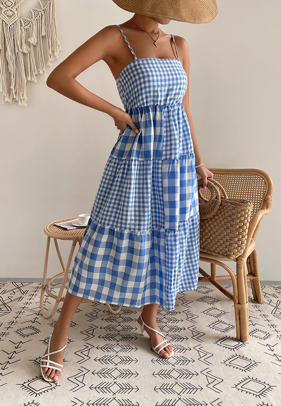 Straight Neck Mixed Gingham Dress