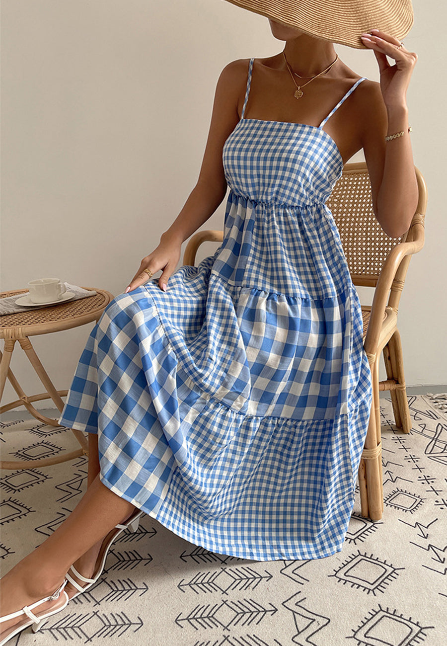 Straight Neck Mixed Gingham Dress