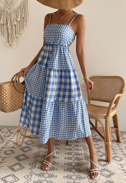 Straight Neck Mixed Gingham Dress