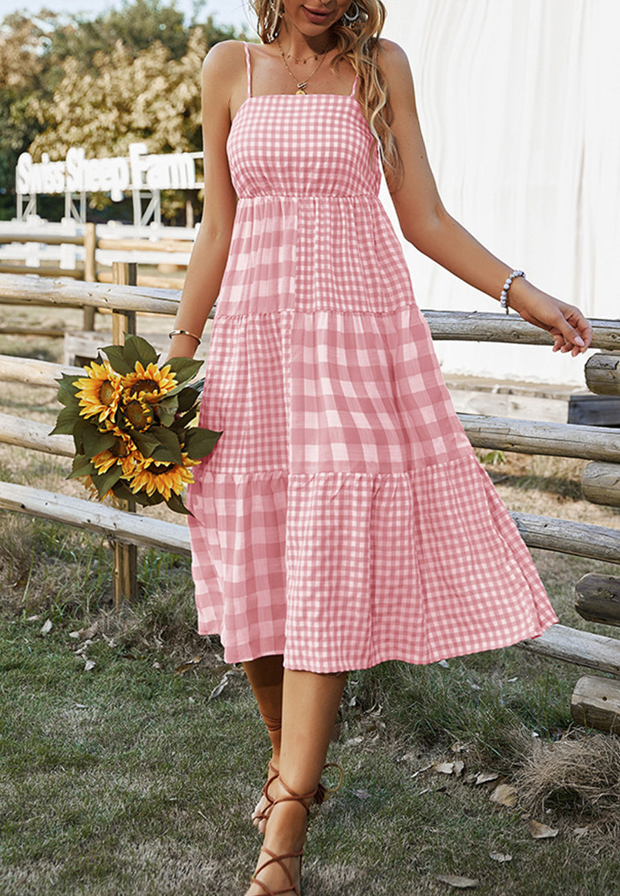 Straight Neck Mixed Gingham Dress