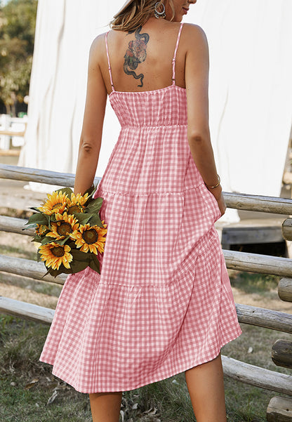 Straight Neck Mixed Gingham Dress