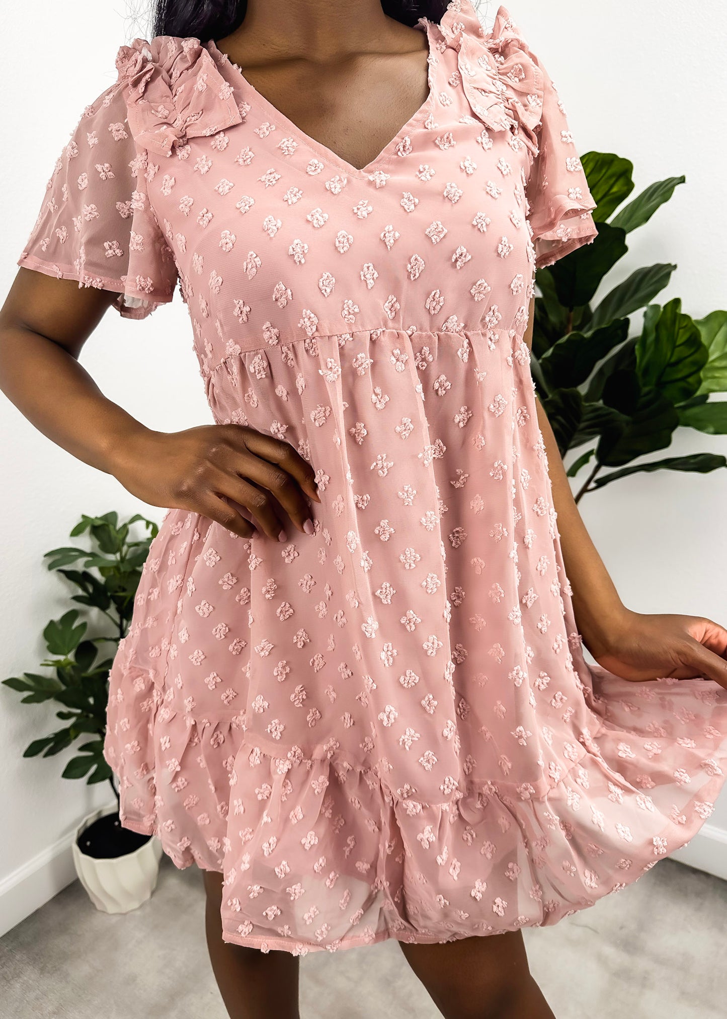 Ruffle Shoulder Textured Babydoll Dress