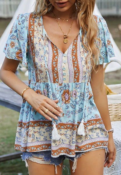 Tie V Neck Peplum Boho Blouse