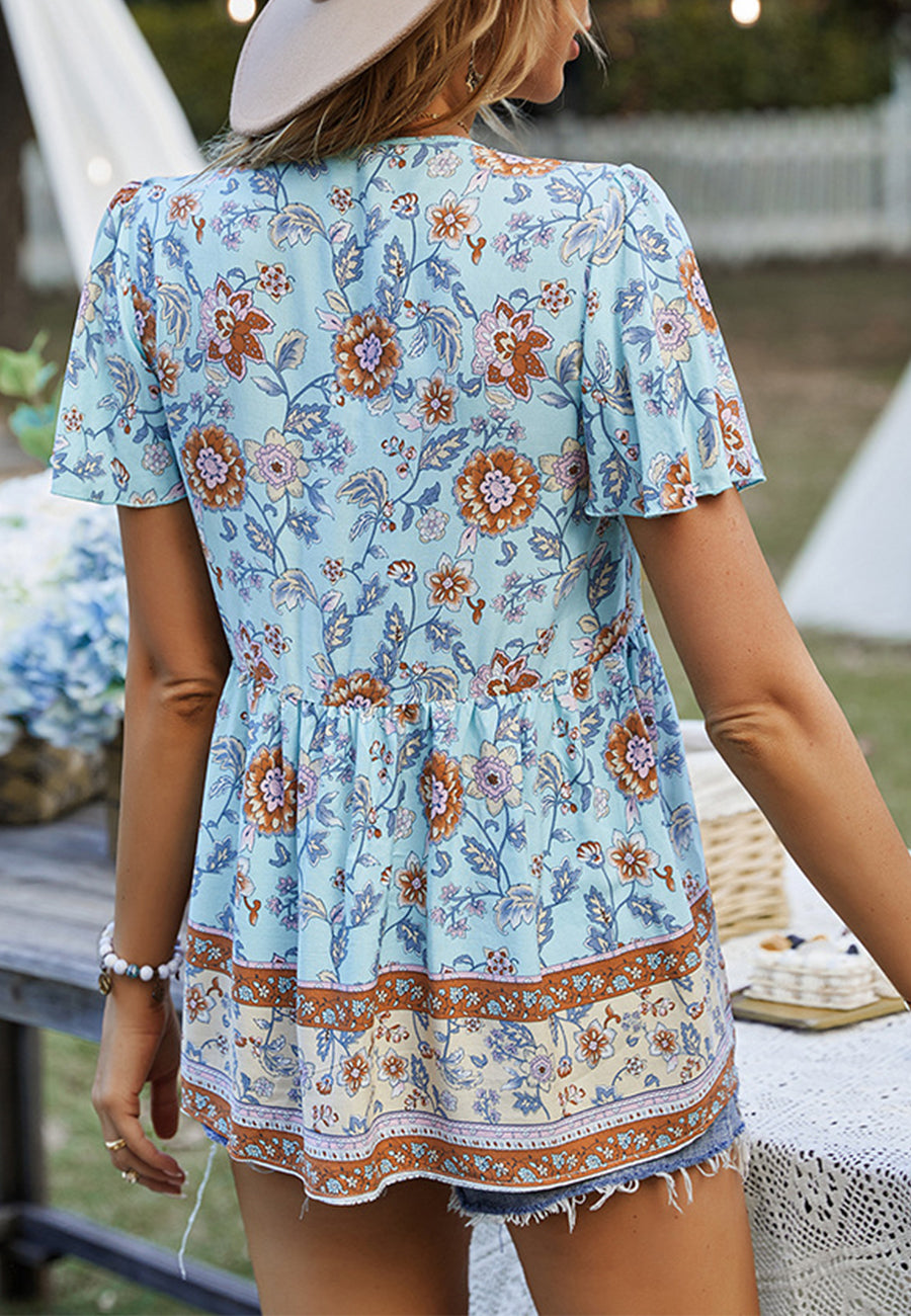 Tie V Neck Peplum Boho Blouse