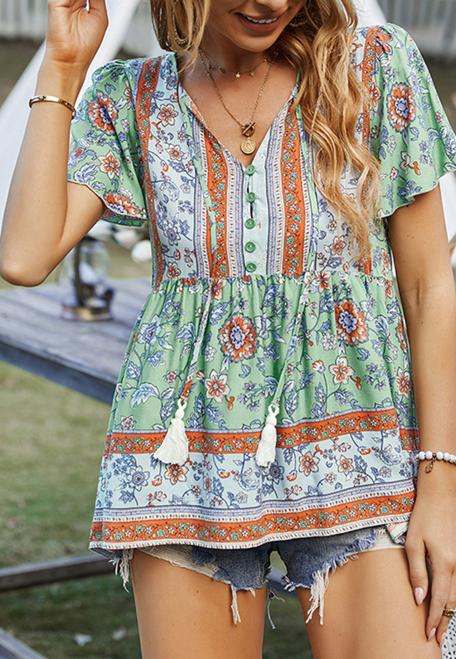 Tie V Neck Peplum Boho Blouse