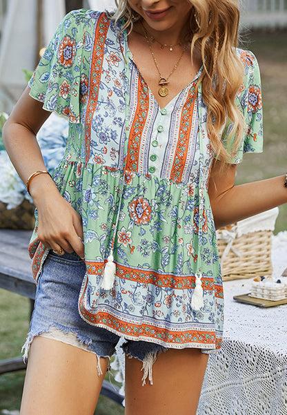 Tie V Neck Peplum Boho Blouse