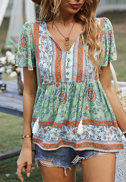 Tie V Neck Peplum Boho Blouse