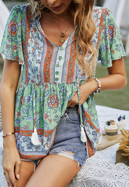 Tie V Neck Peplum Boho Blouse