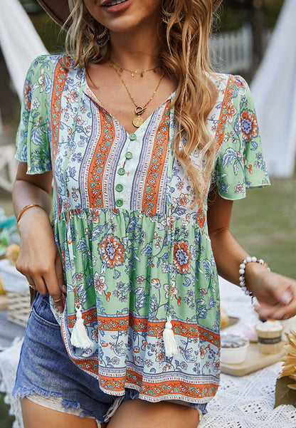 Tie V Neck Peplum Boho Blouse