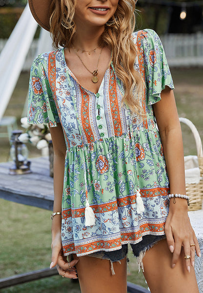 Tie V Neck Peplum Boho Blouse