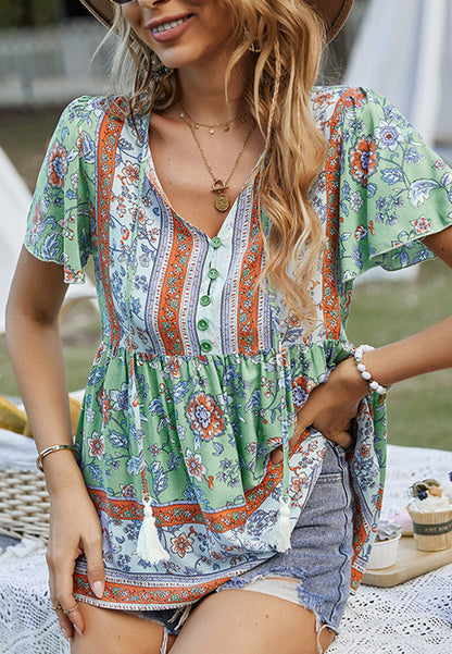 Tie V Neck Peplum Boho Blouse