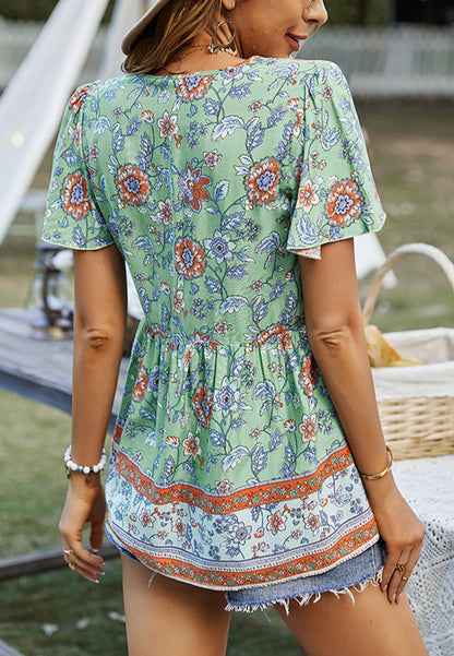 Tie V Neck Peplum Boho Blouse