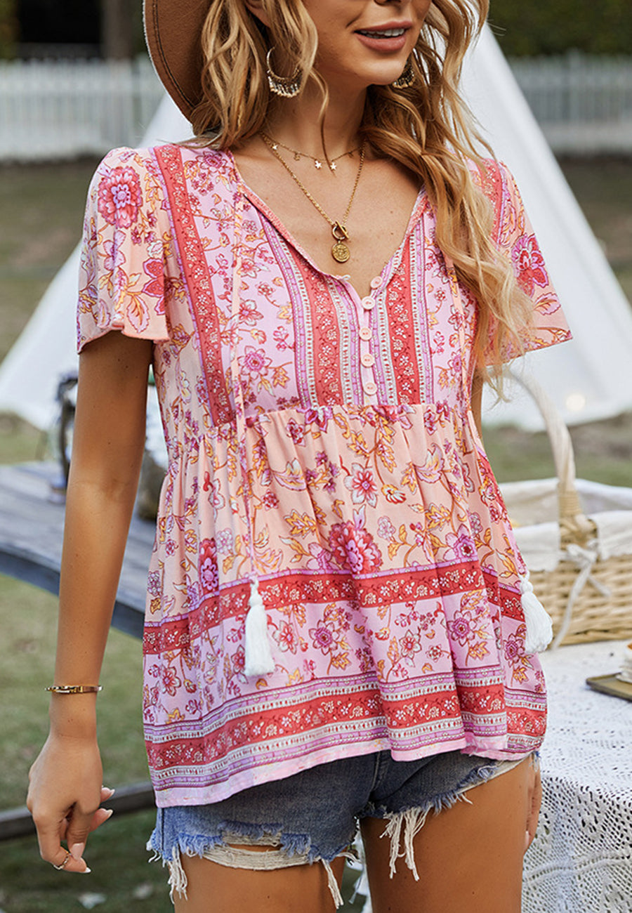 Tie V Neck Peplum Boho Blouse