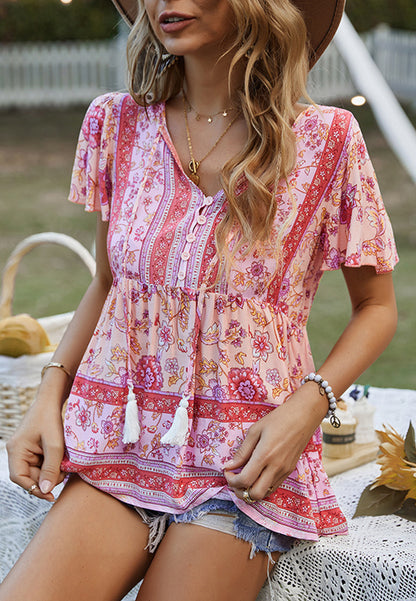 Tie V Neck Peplum Boho Blouse