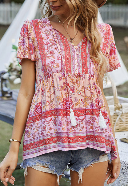 Tie V Neck Peplum Boho Blouse