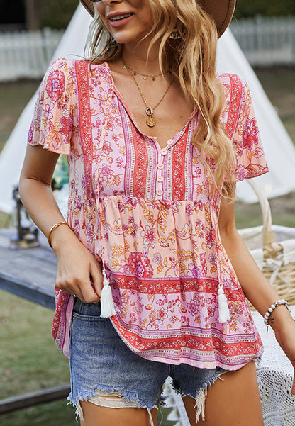 Tie V Neck Peplum Boho Blouse