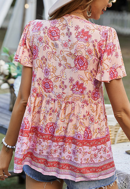 Tie V Neck Peplum Boho Blouse