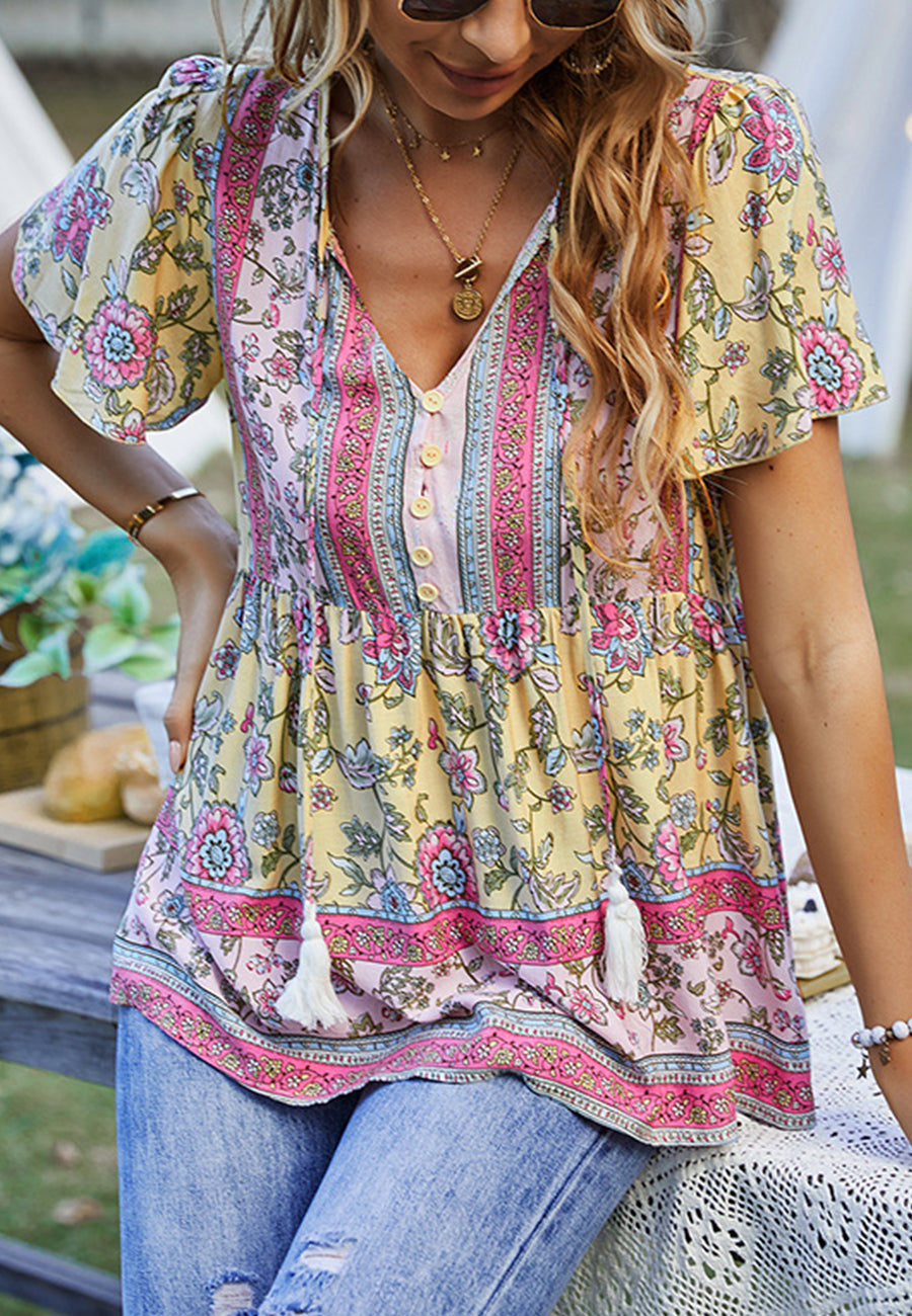 Tie V Neck Peplum Boho Blouse