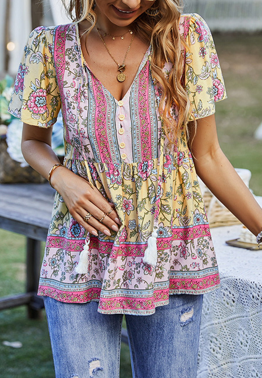 Tie V Neck Peplum Boho Blouse