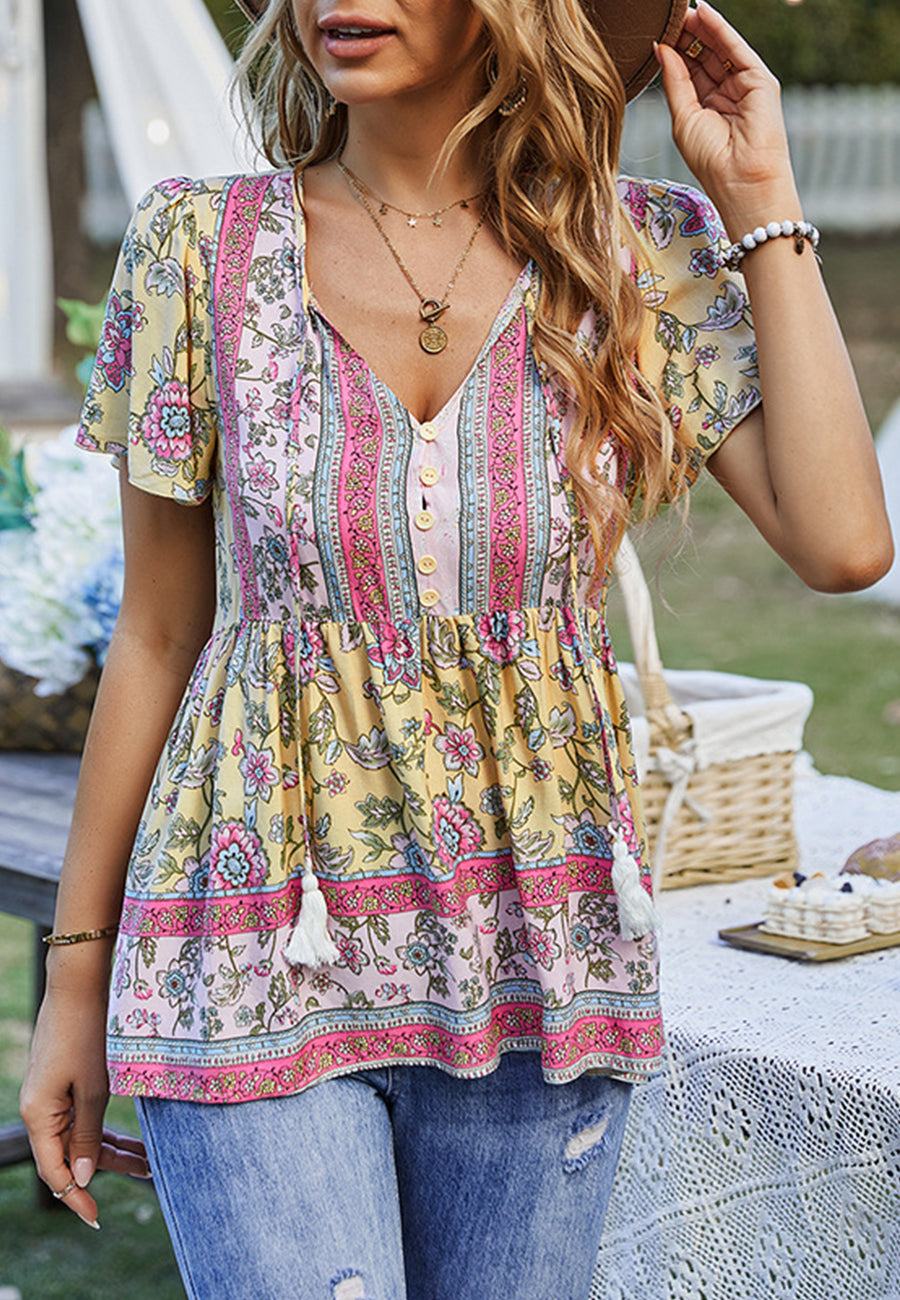 Tie V Neck Peplum Boho Blouse