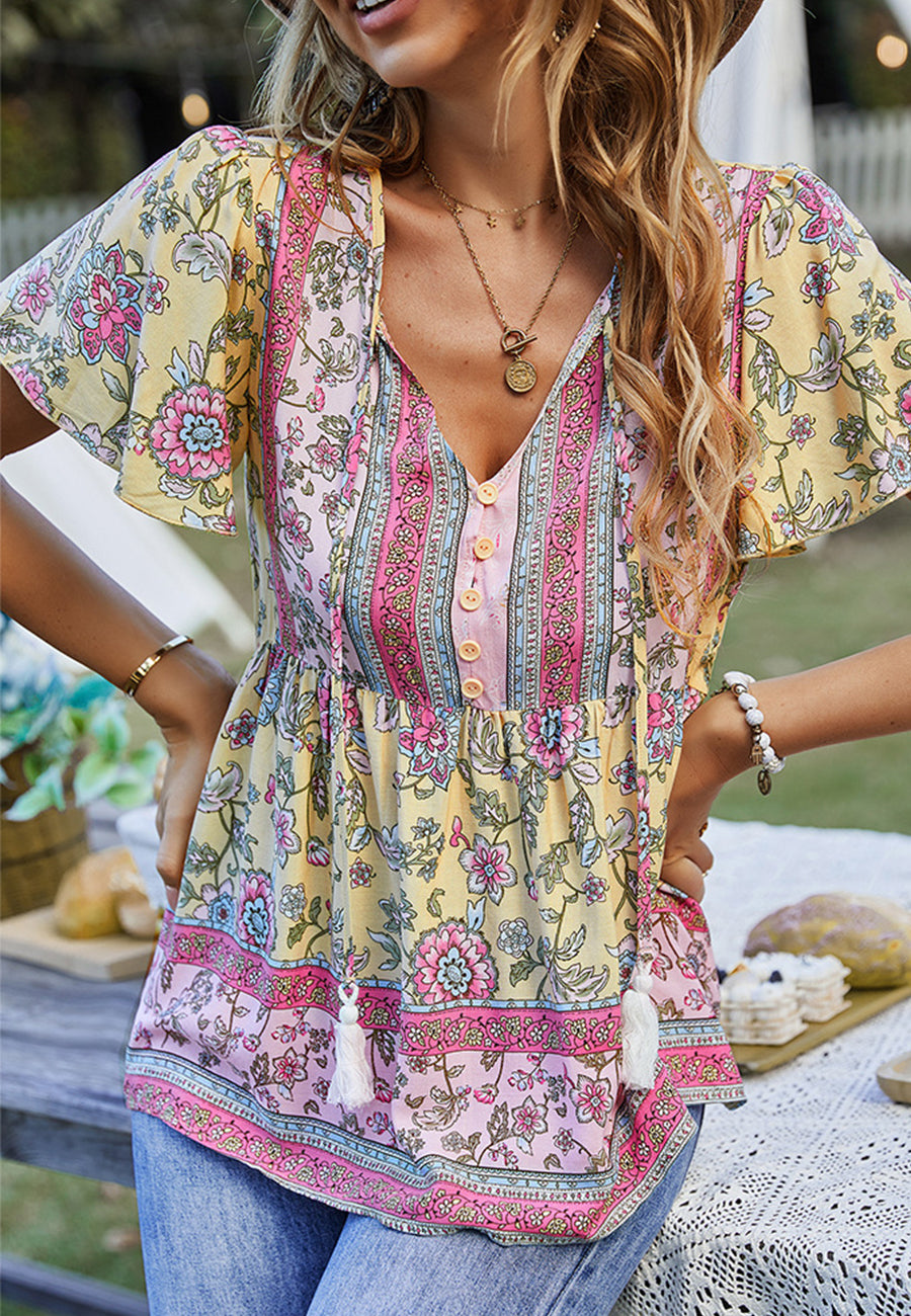 Tie V Neck Peplum Boho Blouse