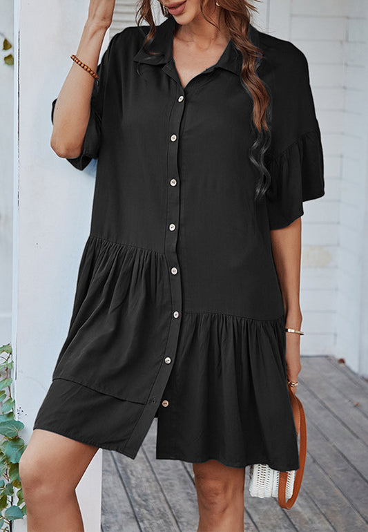 Button Down Asymmetrical Ruffle Dress