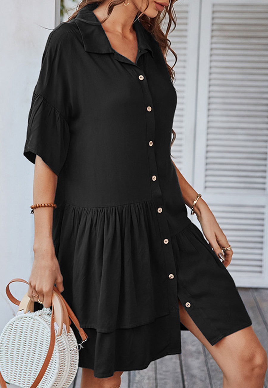 Button Down Asymmetrical Ruffle Dress