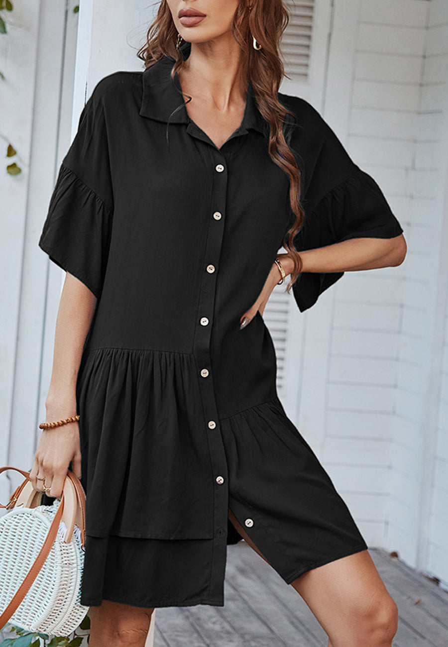 Button Down Asymmetrical Ruffle Dress