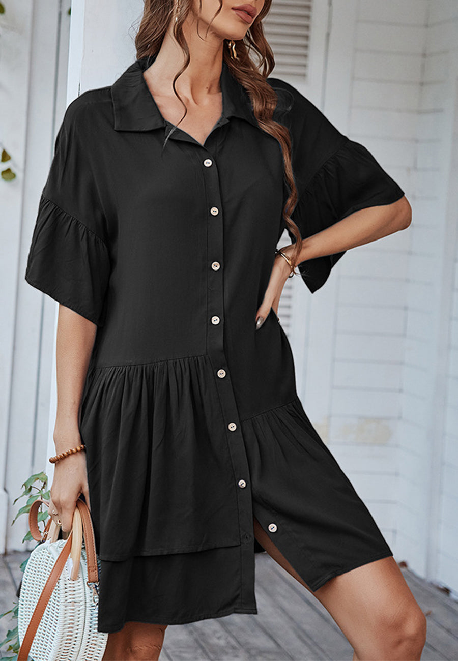 Button Down Asymmetrical Ruffle Dress