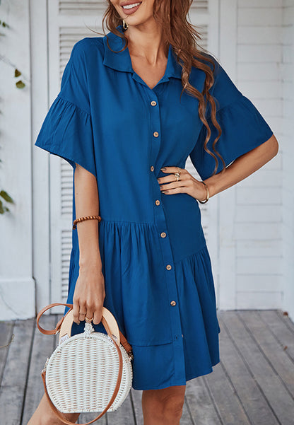 Button Down Asymmetrical Ruffle Dress