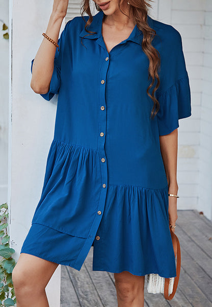 Button Down Asymmetrical Ruffle Dress