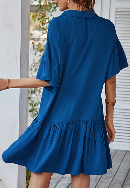 Button Down Asymmetrical Ruffle Dress