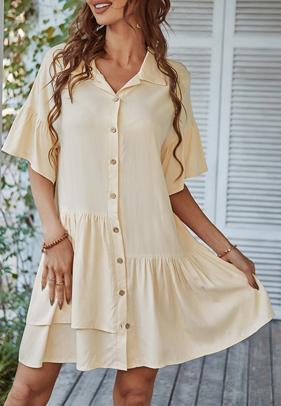 Button Down Asymmetrical Ruffle Dress