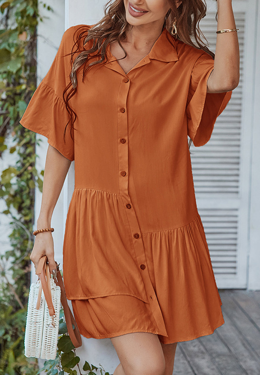 Button Down Asymmetrical Ruffle Dress