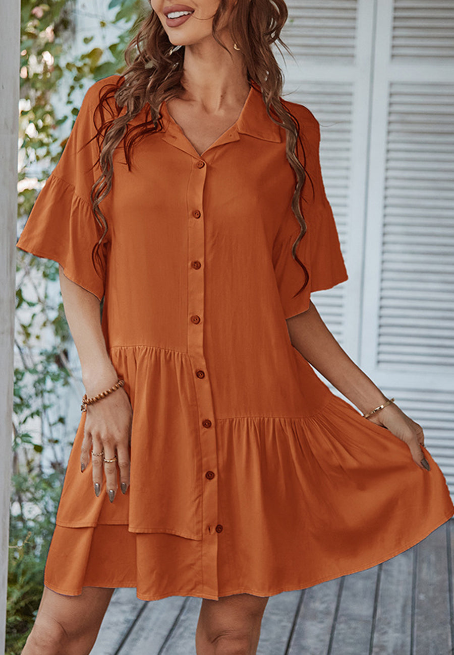 Button Down Asymmetrical Ruffle Dress