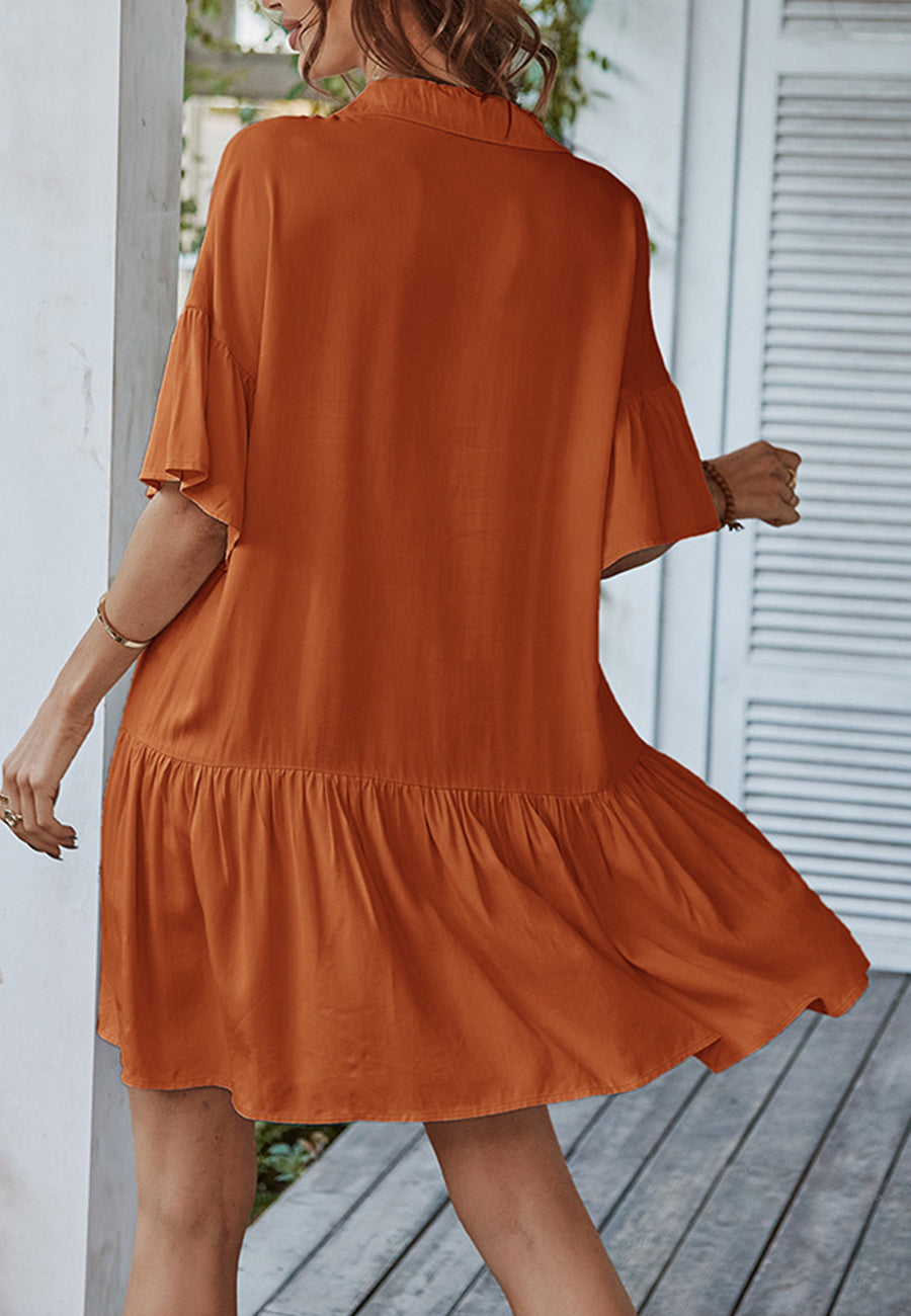 Button Down Asymmetrical Ruffle Dress