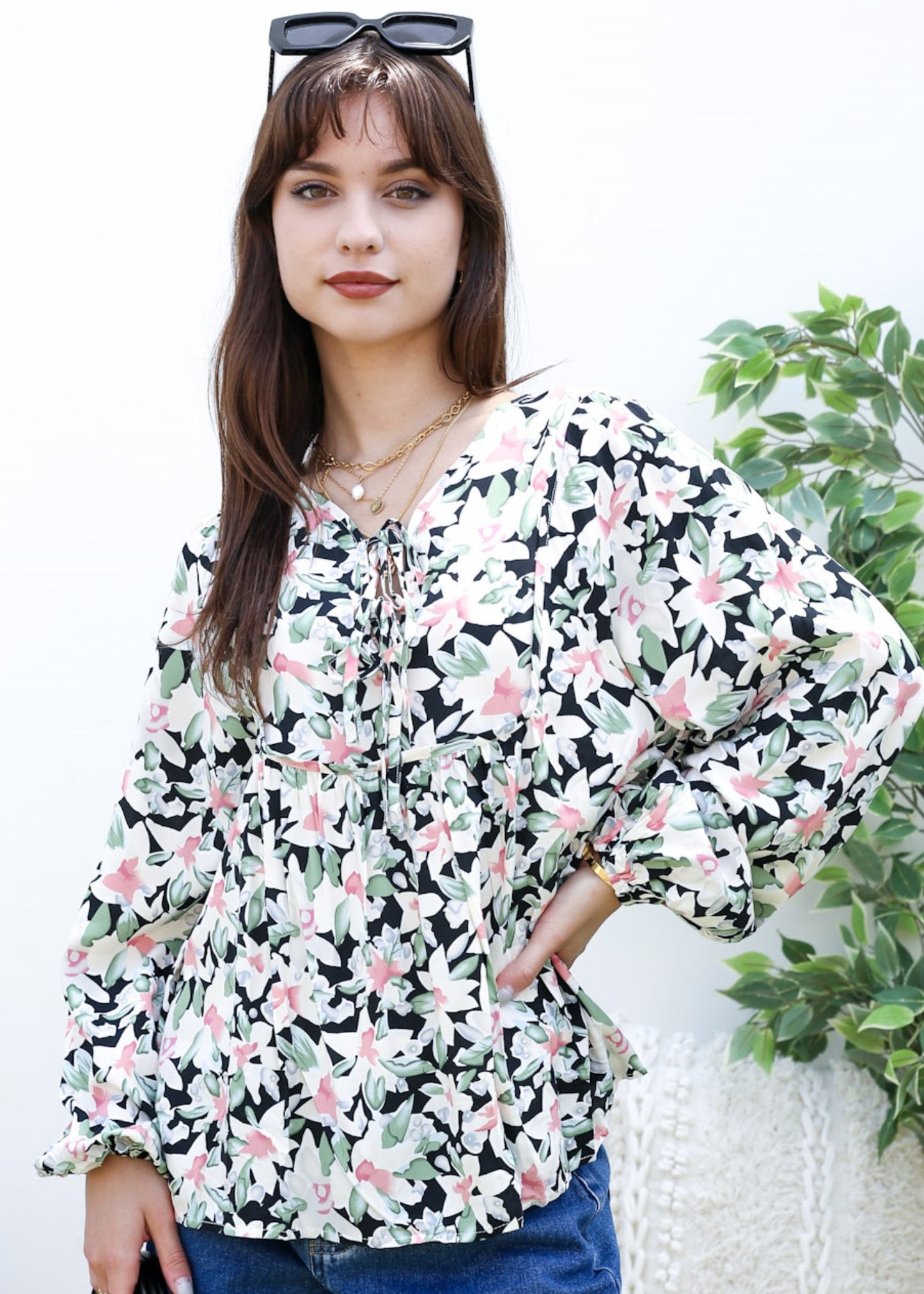 Double Tie Front Floral Blouse