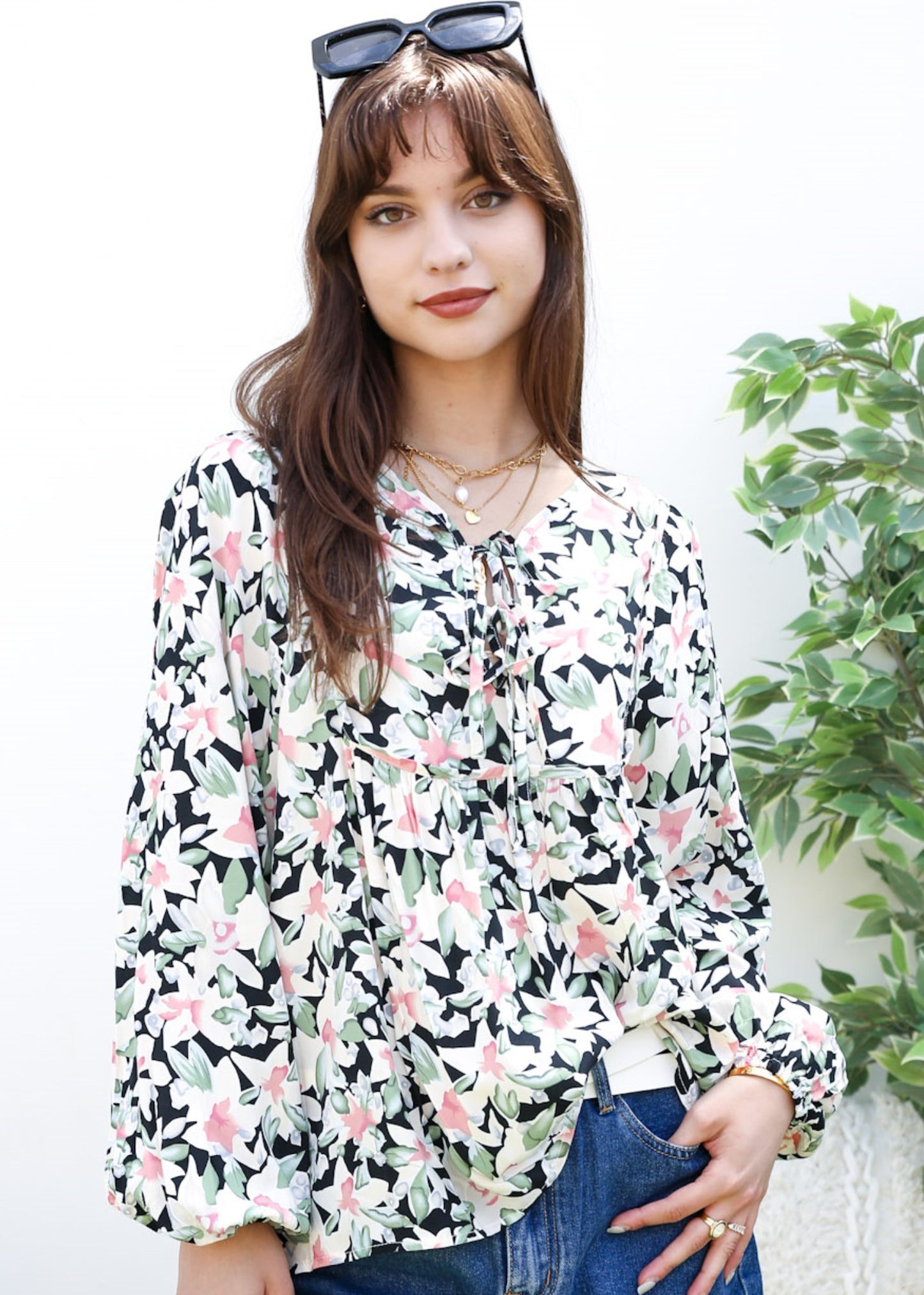 Double Tie Front Floral Blouse