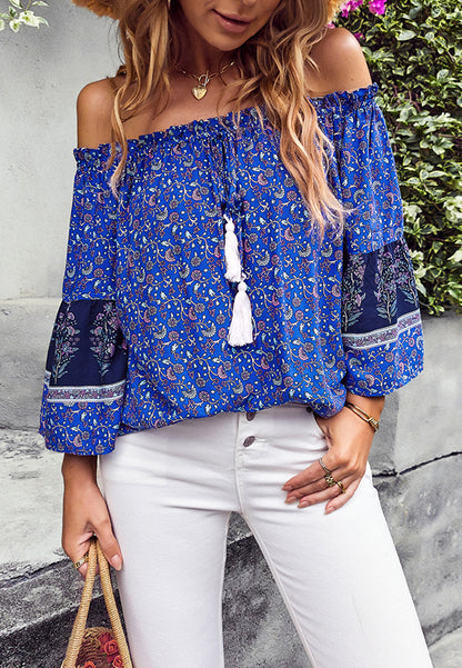 Off-Shoulder Tassel Tie Blouse