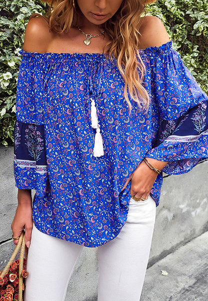 Off-Shoulder Tassel Tie Blouse