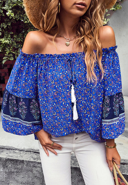 Off-Shoulder Tassel Tie Blouse