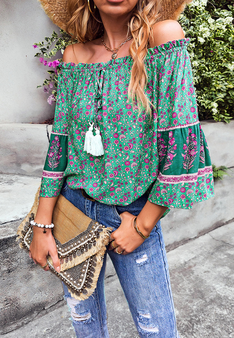 Off-Shoulder Tassel Tie Blouse