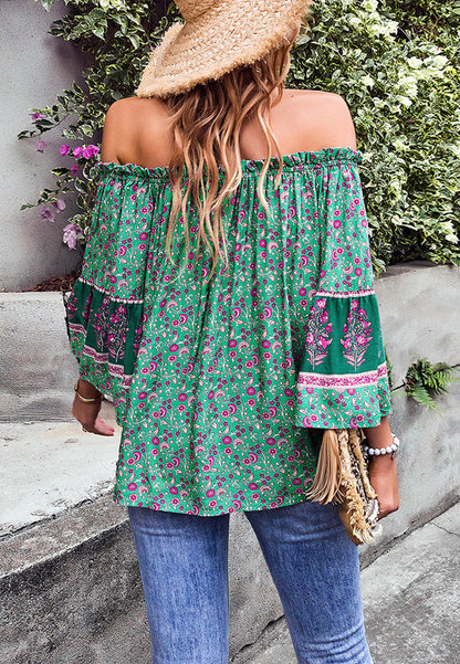 Off-Shoulder Tassel Tie Blouse